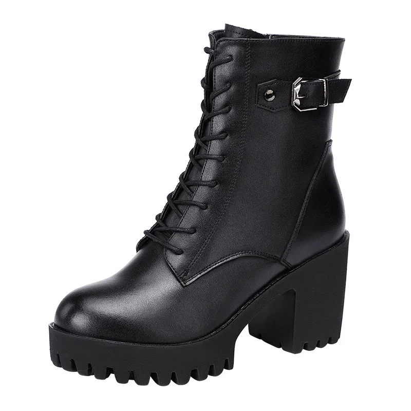 

Popular Autumn New Korean Fashion Handsome Lace-up Motorcycle Boots Thick High Heels Casual Round Toe Black Boots Women Q0003