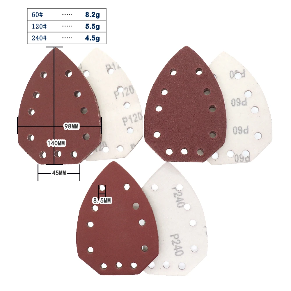 셀프 접착 사포 삼각형 11 홀 델타 샌더 후크 루프 샌딩 디스크 연마 그릿 60/120/240 용, 10 개