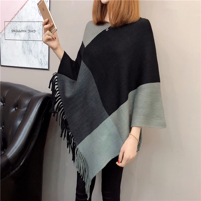 Pull Femme Autumn Winter Women Tassel Knitted Sweater Poncho Sexy Striped V Neck Irregular Hem Casual Loose Pullover Coffee