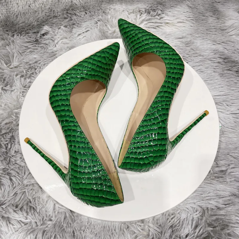 Tikicup Green Crocodile Effect Women Sexy Pointy Toe High Heel Party Dress Shoes 8cm 10cm 12cm Slip On Stilettos Pumps Plus Size