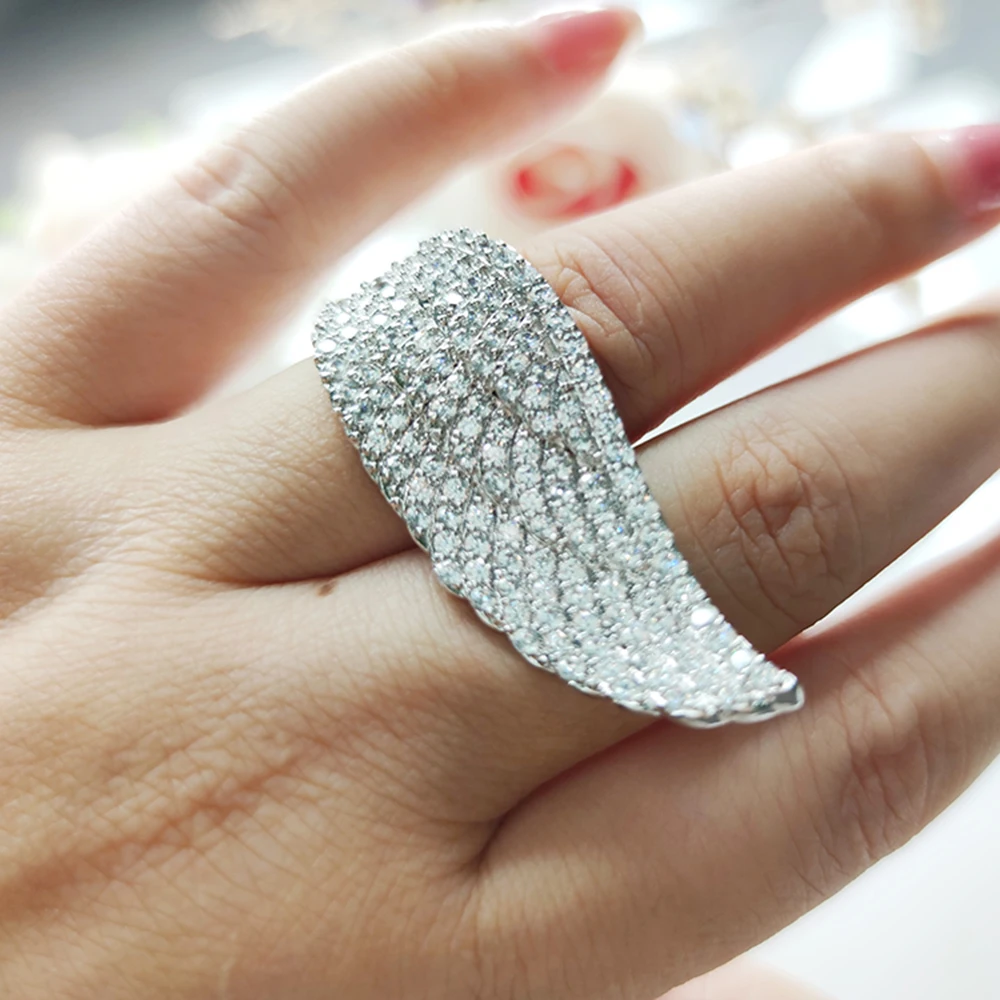 

Cute Long Big Ring with Wing Angle Design Full Crystal Stones Shiny CZ Jewelry Gift for Girls