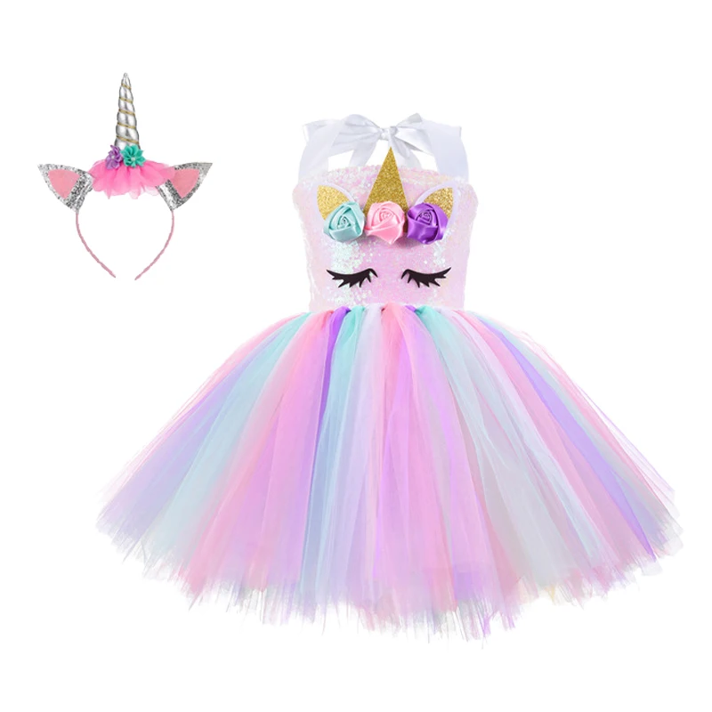 Cosplay Unicorn Girls Dress Cute Cartoon Summer Mesh Princess Dress Birthday Party 2 3 4 5 6 7 8 Years Kids Clothes