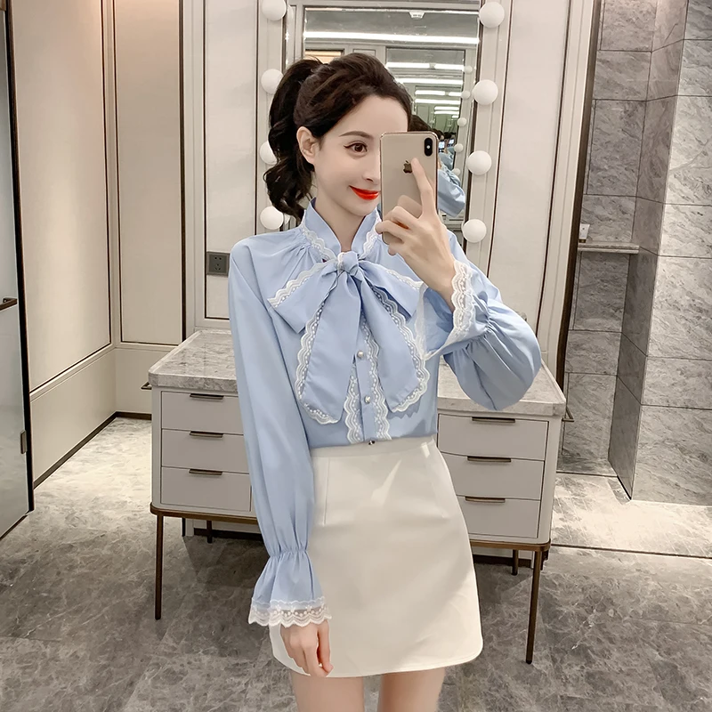 Frill Trim Shirt Women Bow Knot Collar Party Lantern Sleeve Ruffle Shirt Blouse Female Lace Patchwork Fashion Stylish Autumn