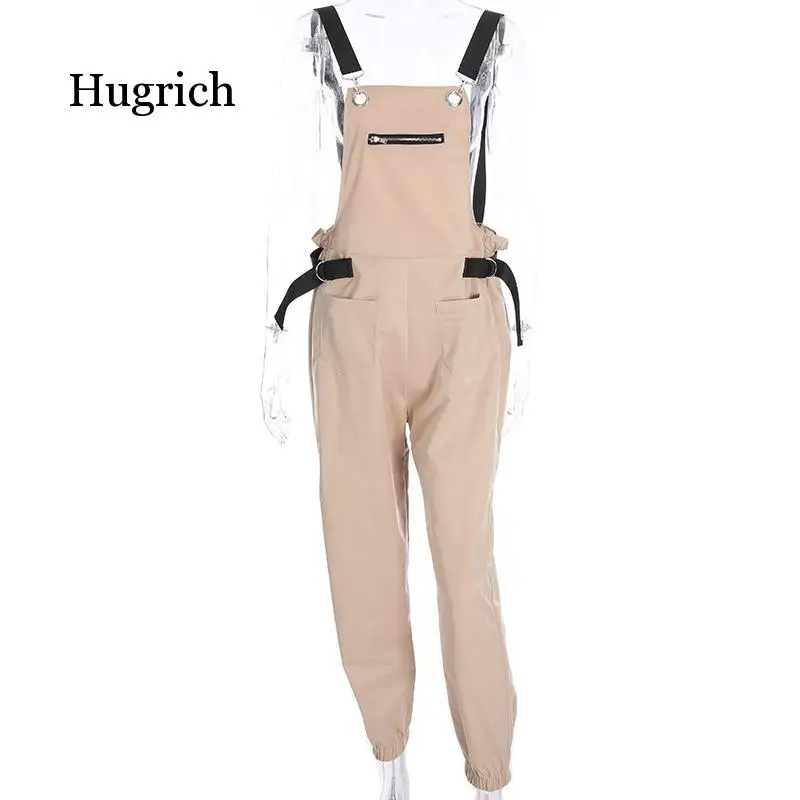 2021 New Khaki Rompers Womens Jumpsuit Long Elegant Zipper Pockets Sleeveless Adjusted Strap High Waist Cotton Fashion Autumn