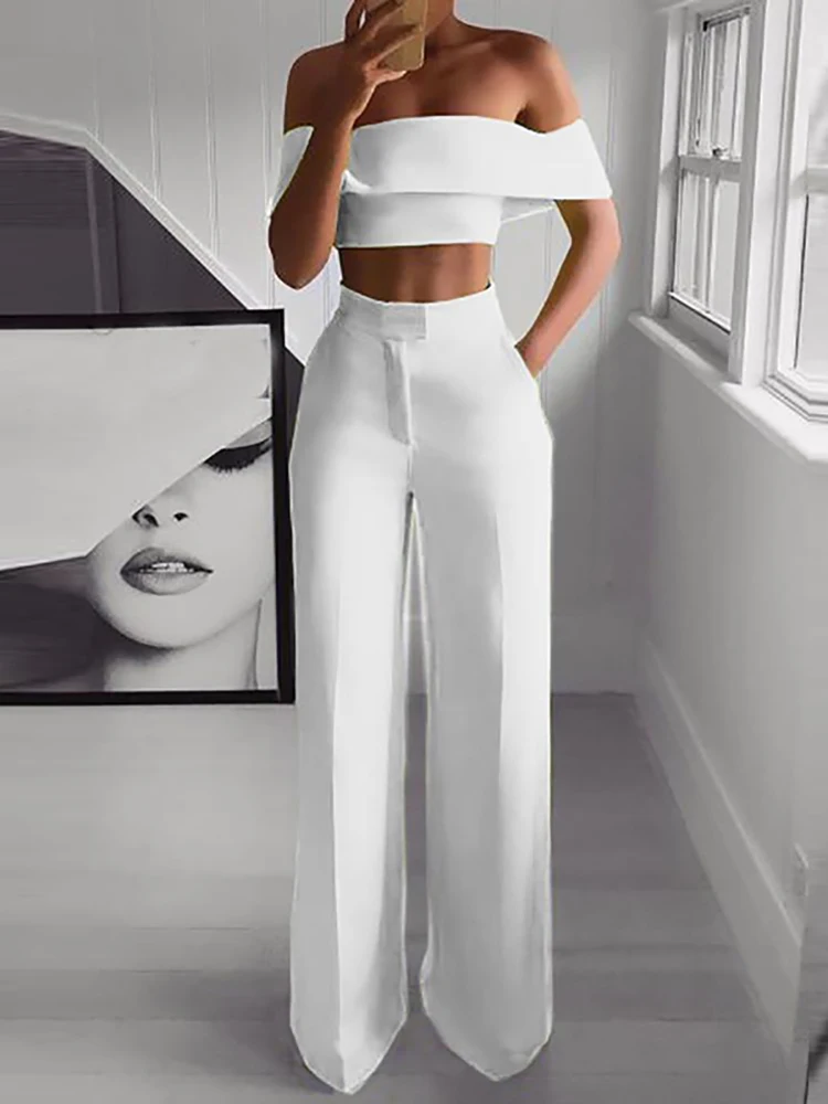 2022 Summer Solid Casual Two Piece Set Women Sexy Short Top Wide Leg Pants Outfits Femme Streetwear Slash Neck Shirt Pant Suit