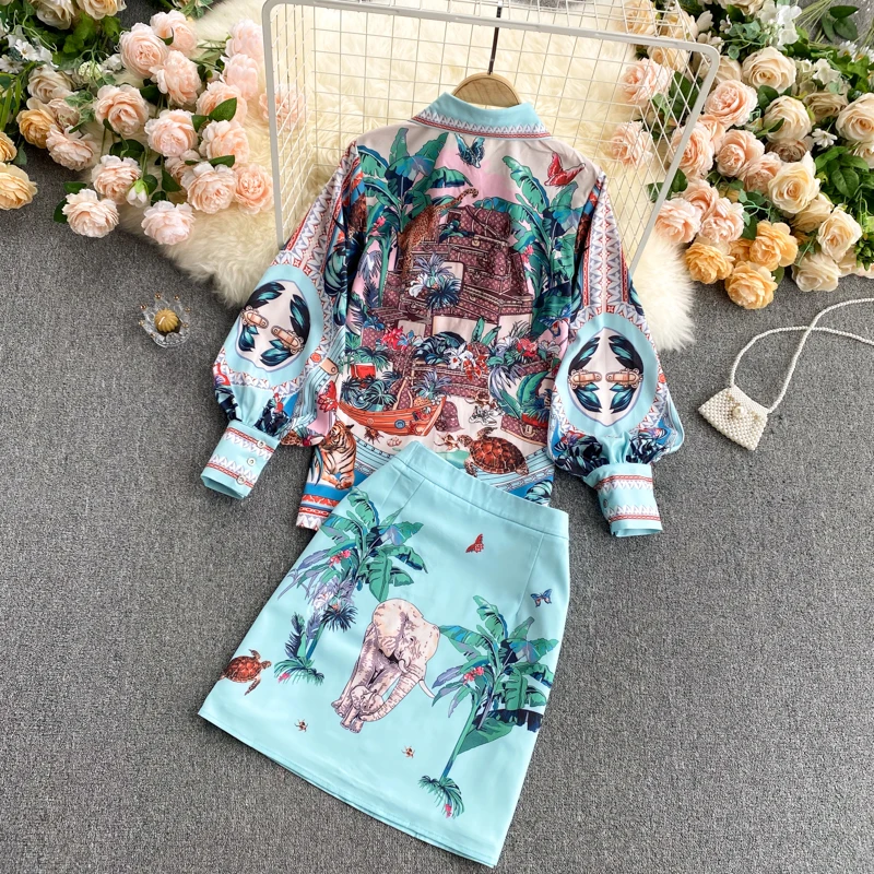 2021 Spring Two Piece Set Women\'s Suit Turn-down Colla Long Sleeve Blouse Tops And High Waist Shirts Vintage Printed Sets