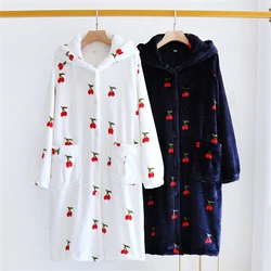 Autumn And Winter Flannel Women Robe Thickened Long Warm Cute Print Bathrobe Ladies New Warm Nightgown Home Pajamas Pants Suit