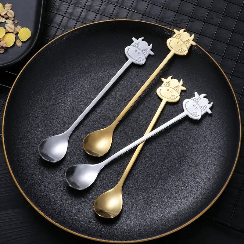 Cartoon bovine spoon 304 stainless steel spoon gold coffee spoon breakfast cup stirring spoon gift spoon