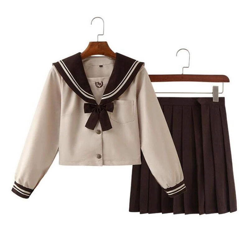 2Pcs Japanese School Uniform Women JK Suit Girl Sailor Outfit Long Sleeve Shirt V-Neck Cosplay High College Top+Skirt+Bow New