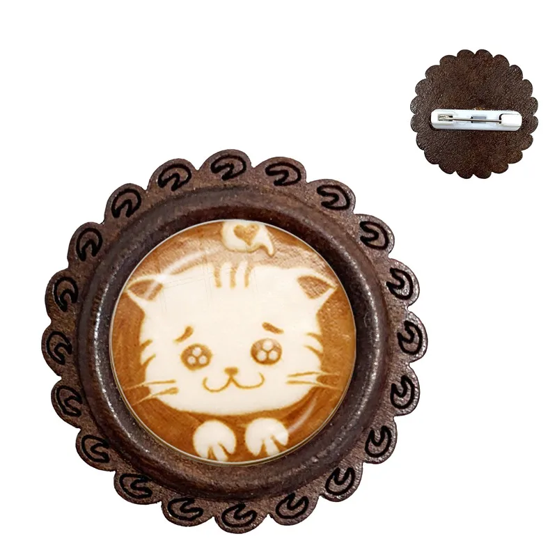 Coffee Latte Carving Chocolate Printing Cat Glass Cabochon Brooch Love Heart Flower Clover Snowflake Charm Collar Pins For Gift