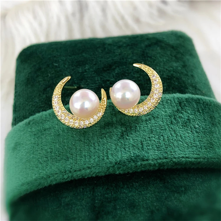 Wholesale Gold Plated Moon Shape Stud Earrings Mountings Findings Jewelry Settings Parts for Pearls Beads Stones, 10pairs/lot