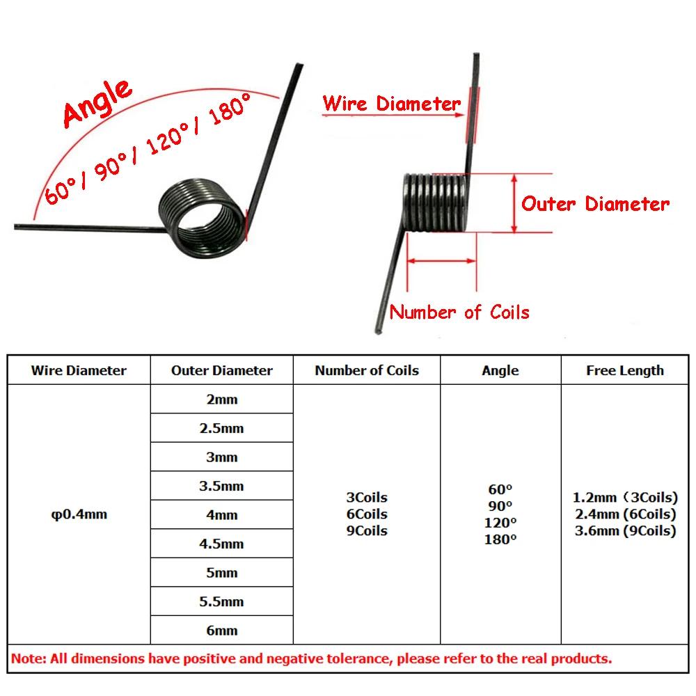 10 Stuks Draad Diameter 0.4Mm Lente Staal Tiny Torsieveer Haarspeld Springs 3Coils/6Coils/9coils Hoek 60 °/90 °/120 °/180 °