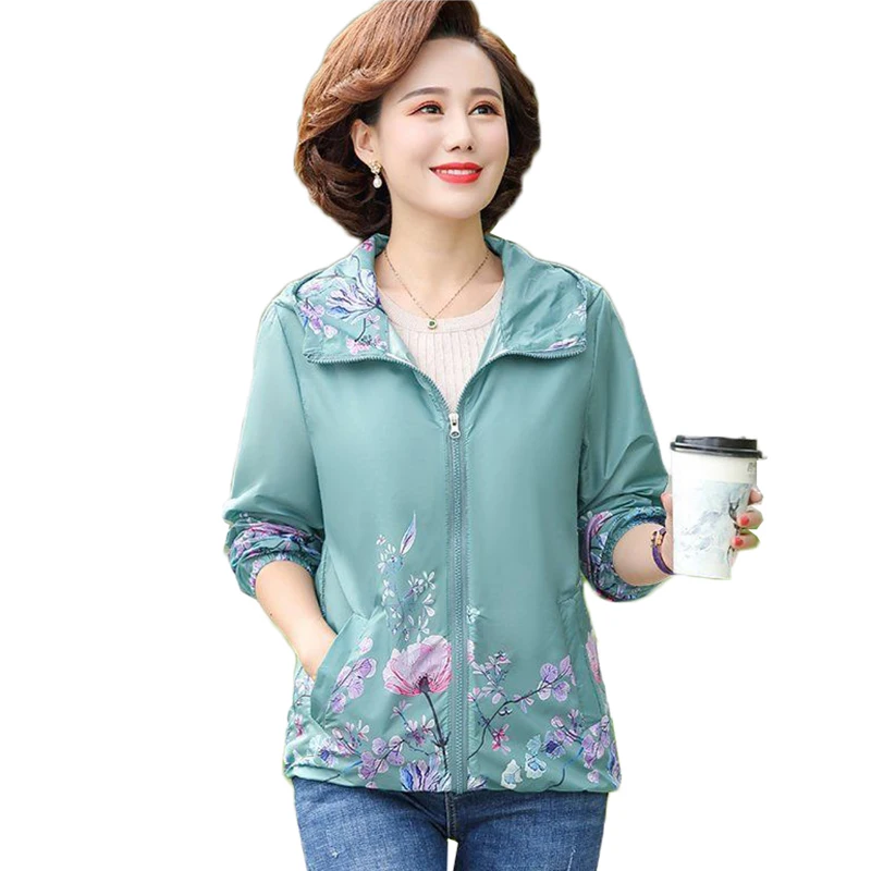 Middle-aged Elderly Women's Jacket Summer Thin Print Coat Sun Protection Clothing Female Hooded Windbreaker Outerwear Plus 4XL W