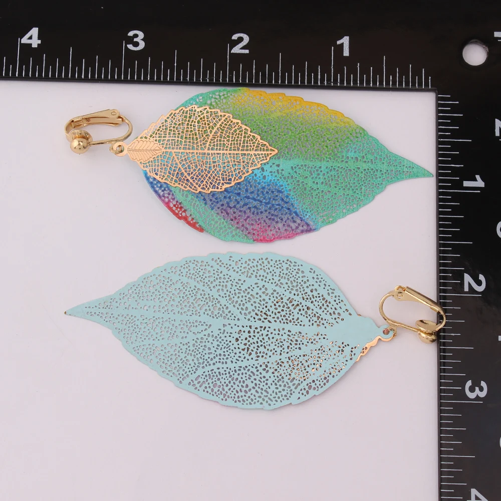 GRACE JUN High-grade Colorful Copper Material Double Leaf Clip on Earrings for Women  Xmas Earrings 11/11christmas Earrings New