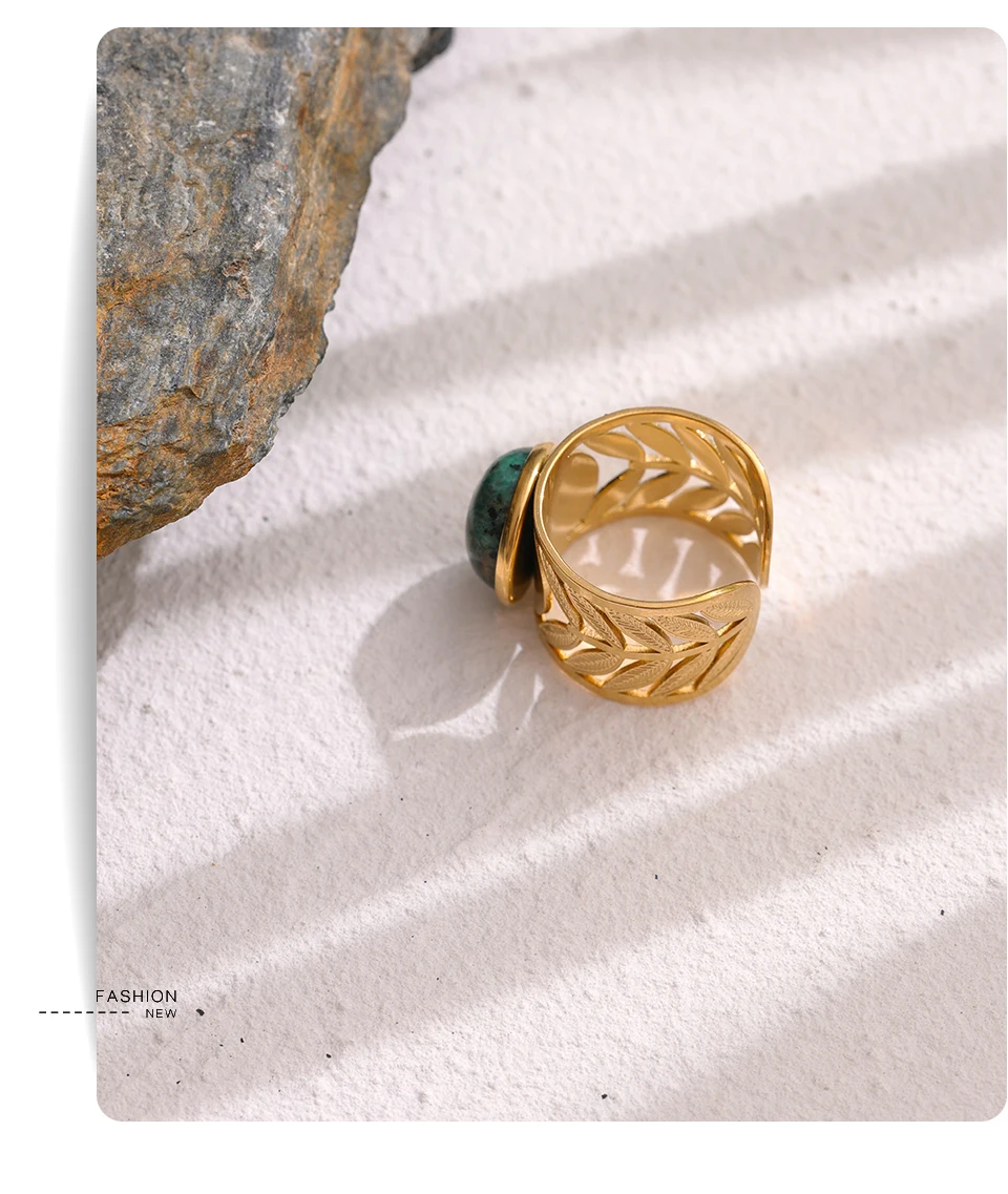 Yhpup Stainless Steel Green Natural Turquoise Opening Ring Statement Golden 18 K Plated Ring bague acier inoxydable Gift New