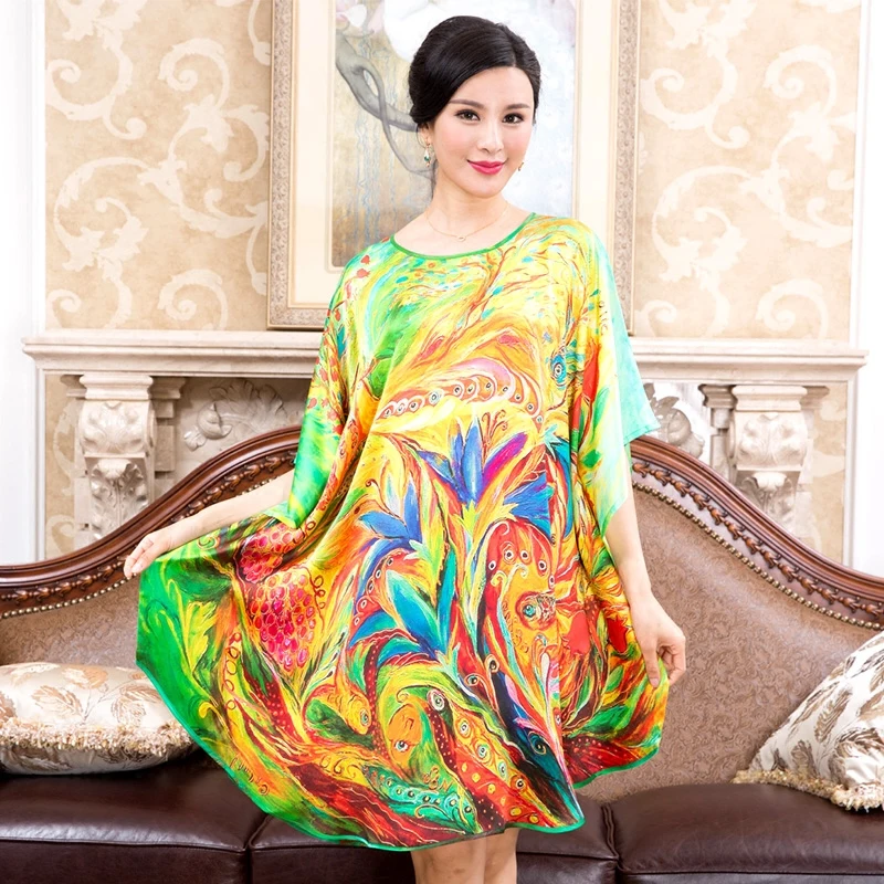 New Arrival Robe Summer 100% Silk Women Printing Sleepwear Loose Leisure Bat sleeve Nightgowns Printing One Size Nightdress