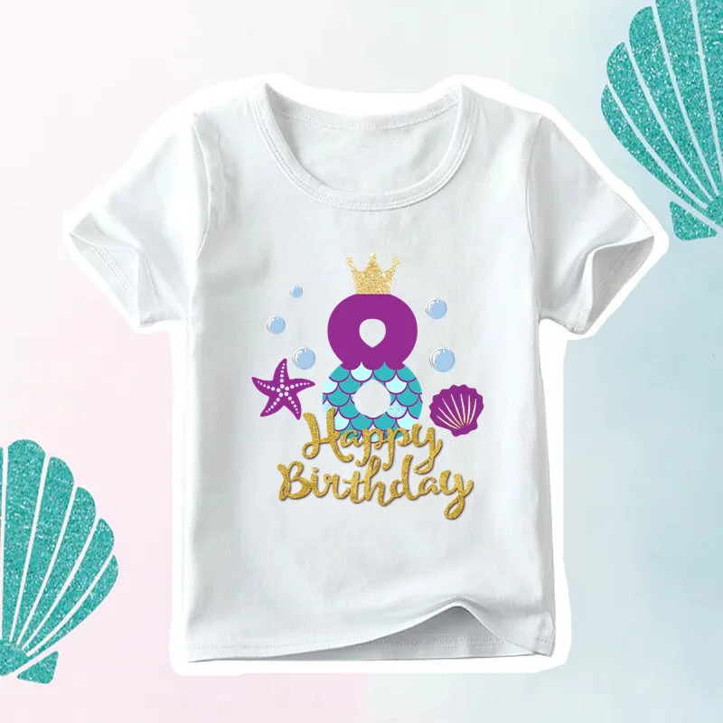 Cute Mermaid Princess Happy Birthday Girls T shirt 1 2 3 4 5 6 7 8 9 Years Kids Clothes Party Children T-shirt Baby Tops,HKP2614