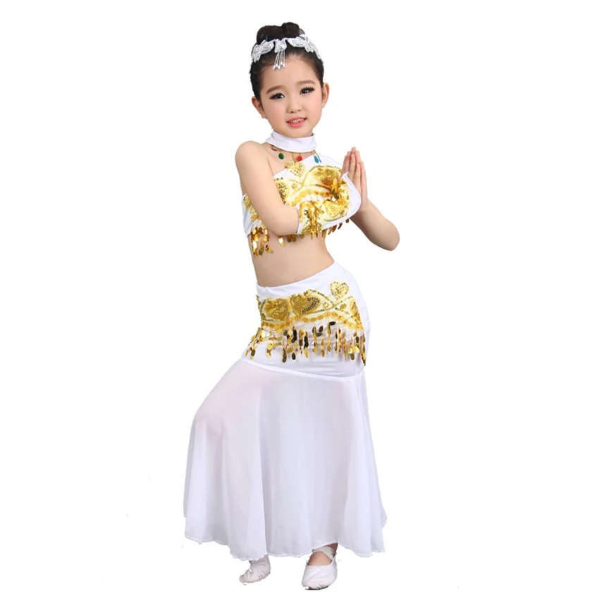 Abbigliamento tradizionale cinese per ragazze Hanfu paillettes pavone Folk Dai Dance Costume Stage Performance Festival Outfit 110-160CM