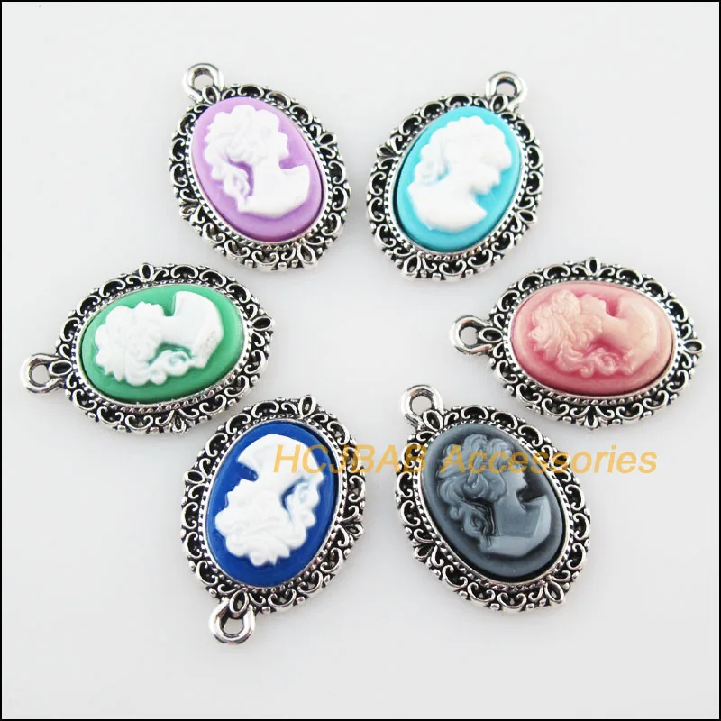 

12 New Oval Beauty Mixed Resin Charms Tibetan Silver Tone Pendants 16.5x23mm