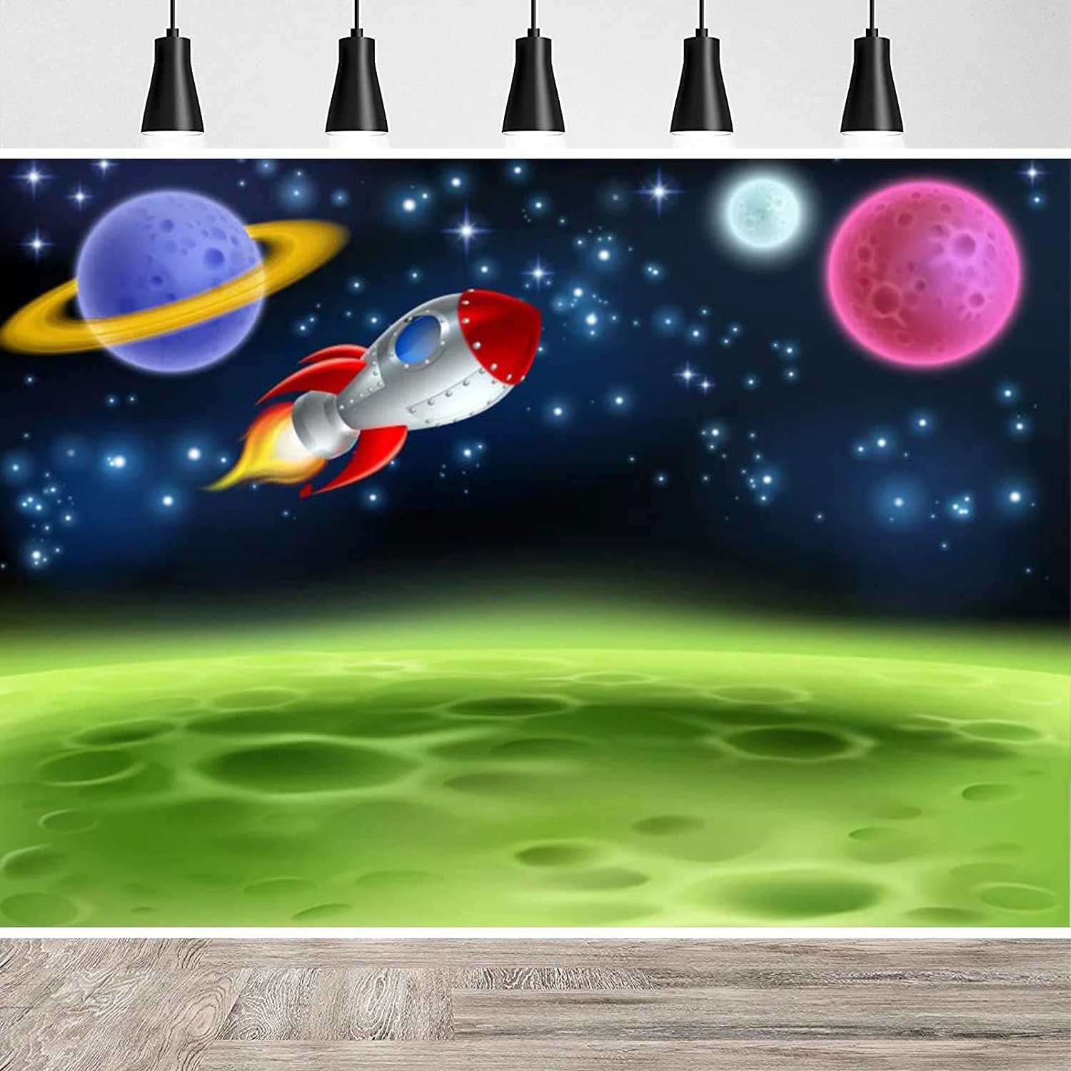 

Cartoon Space Photography Backdrop Universe Wars Aircraft Earth Galaxy Green Shiny Background Kids Birthday Party Decoration