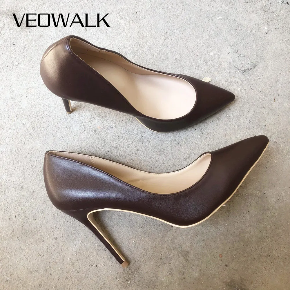 Veowalk Dark Brown Matte Women Stilettos High Heels Elegant OL Ladies Pointed Toe Pumps Italian Style Woman Slip on Dress Shoes