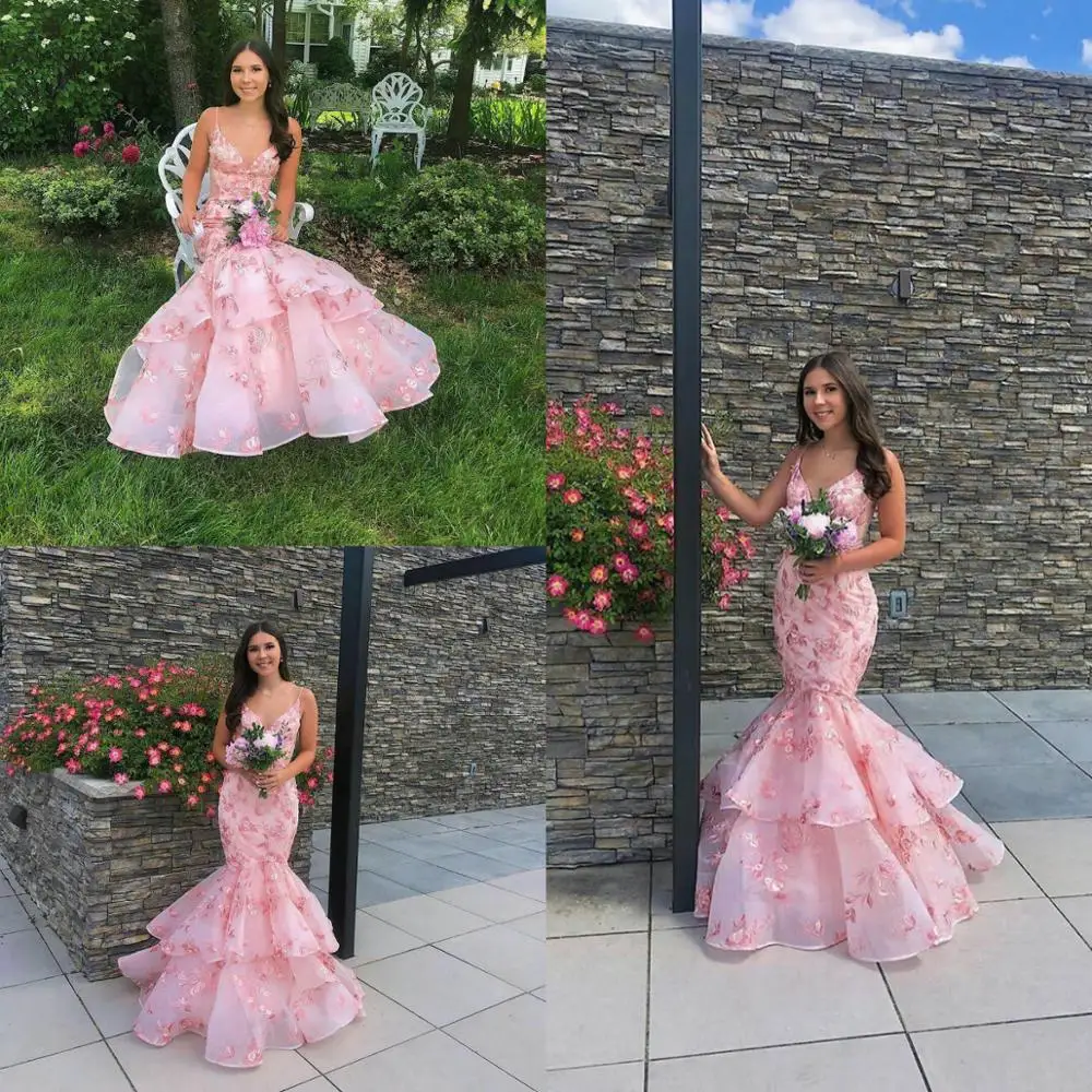 Embroidery Pink Mermaid Prom Dresses Deep V Neck Sleeveless Lace Appliqued Evening Dress Tiered Ruffles Party Runway Fashion