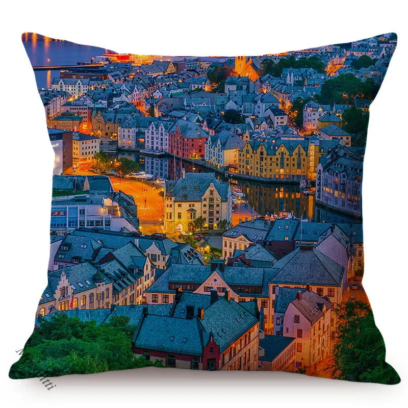 Nordic Natural Landscape Printing Pillow Case Beautiful Village Famous Scenery Photography Art Decorative Car Sofa Cushion Cover