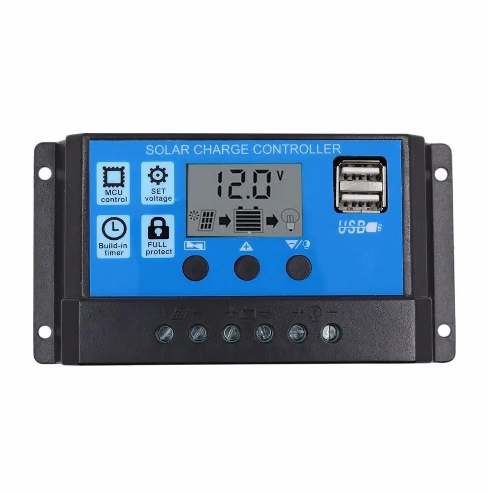 12V/24V Auto Solar Controllers For Home LCD HD MPPT Solar Panel Battery Regulator Charge Controller PWM Dual USB Output