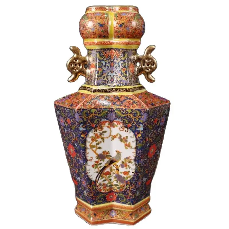 Chinese old porcelain Twin flat bottle with gold painted enamel flower and bird patterns Vase