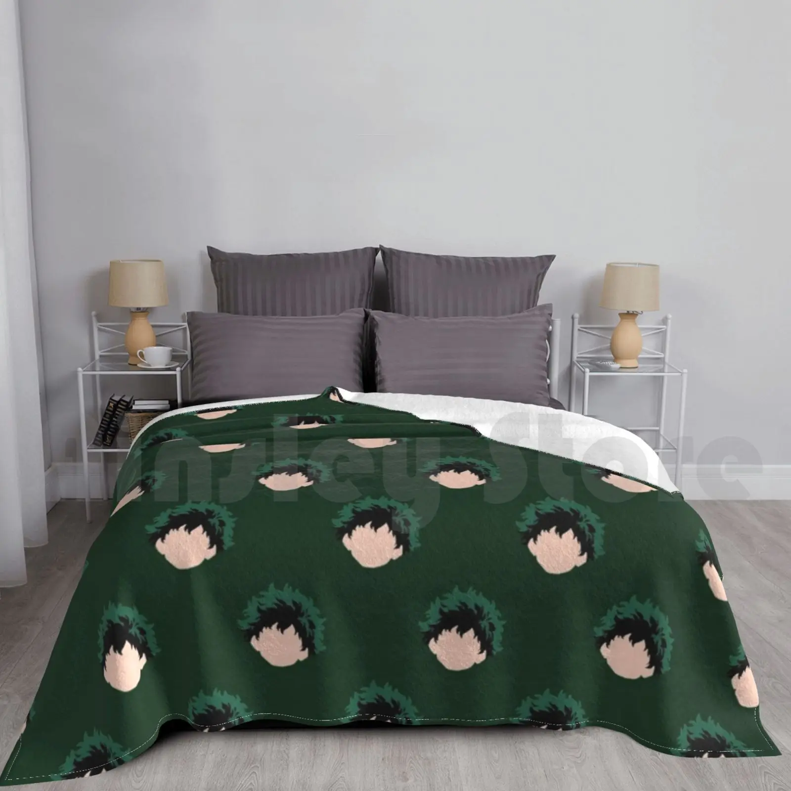 Blanket Midoriya Izuku Pattern ( Green ) Hat Mha Deku Pattern Minimalist Face Green Cool Birthday