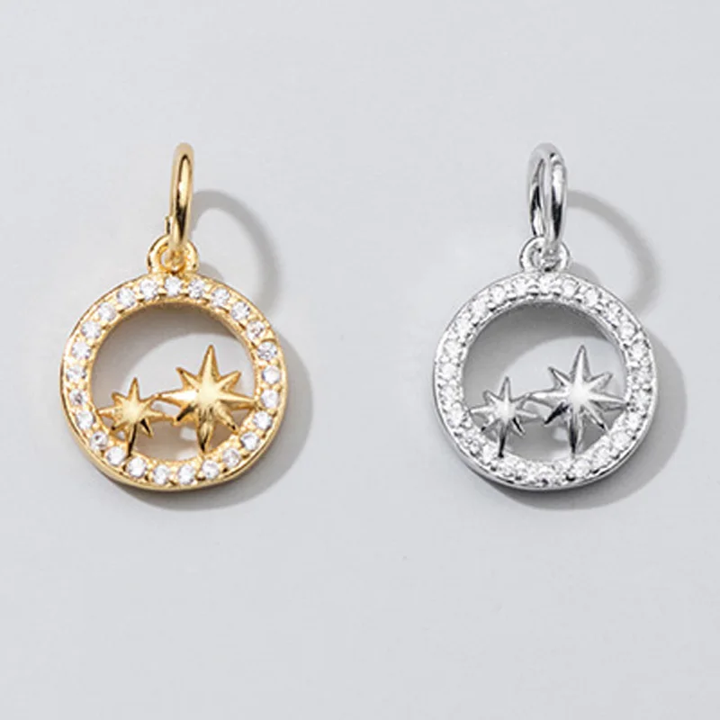 1pc/Lot 925 Sterling Silver Full Zirzon Round Circle Star Charms 9x2mm Fancy Ornament Necklace Pendants DIY Jewelry Accessories