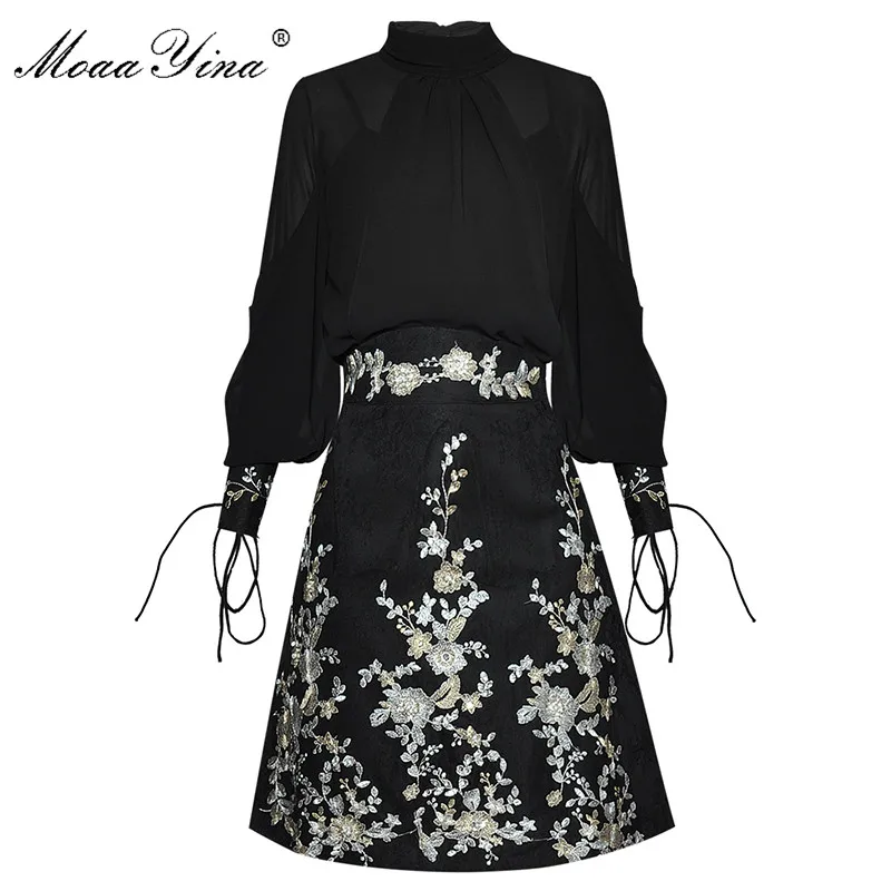 MoaaYina Fashion Designer Set Spring Women's Lantern Sleeve Shirt Tops+Embroidery Sequins Skirt Two-piece set