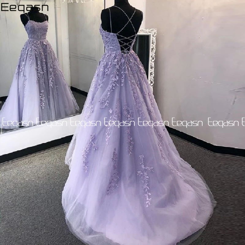 Customized Lilac Lace Prom Dresses Spaghetti Straps Vestido De Fiesta Open Back A Line Women Prom Gowns Long Formal Evening Gown