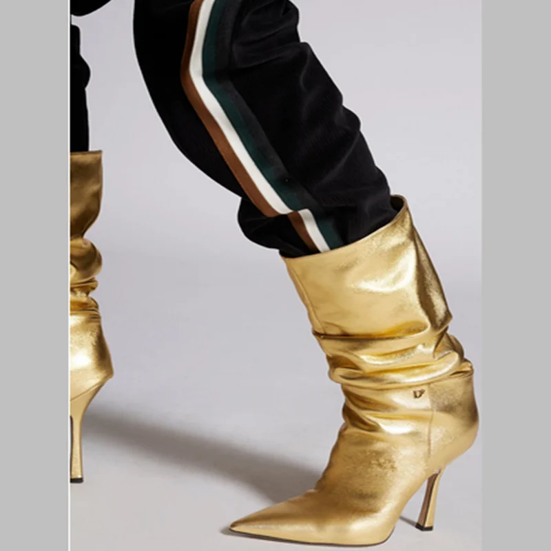 2025 New Leopard Print Mid-tube Boots Profiled High Heel Side Zipper Boots Women's Gold Black Pointed Toe Pleated Boots image 3