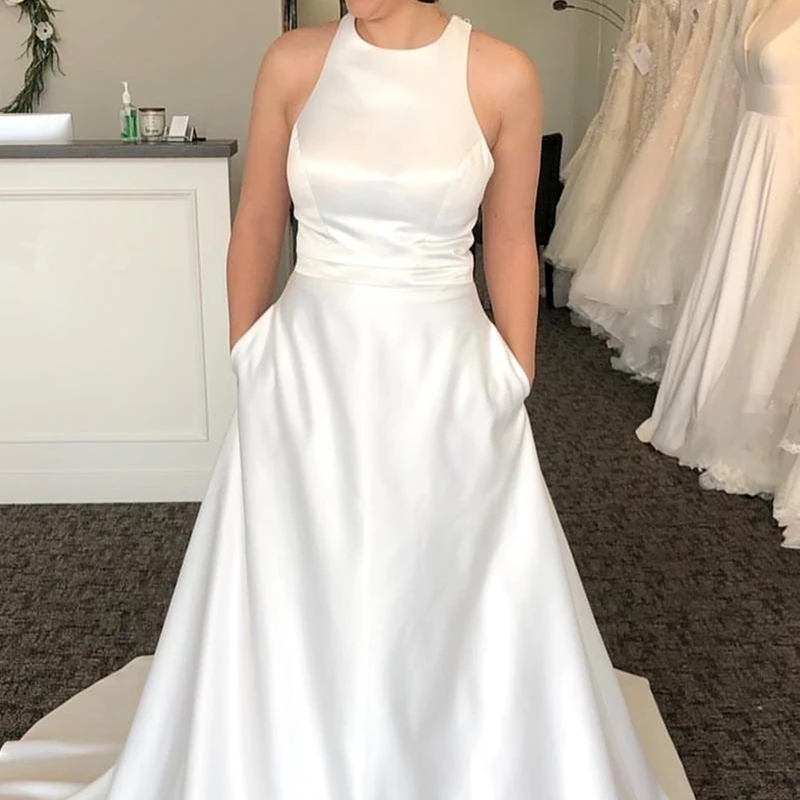 A-Line Wedding Dress With Pocket Satin 2021 White Simple Bridal Gown Count Train Elegant O-Neck  Robe De Mariee Custom Made