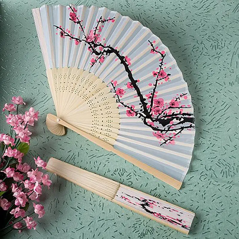 Classical Cherry Blossom Print Folding Hand Fans Flower Print Vintage Fan White Polyester Fans Summer Chirdren Girls Dancing Fan