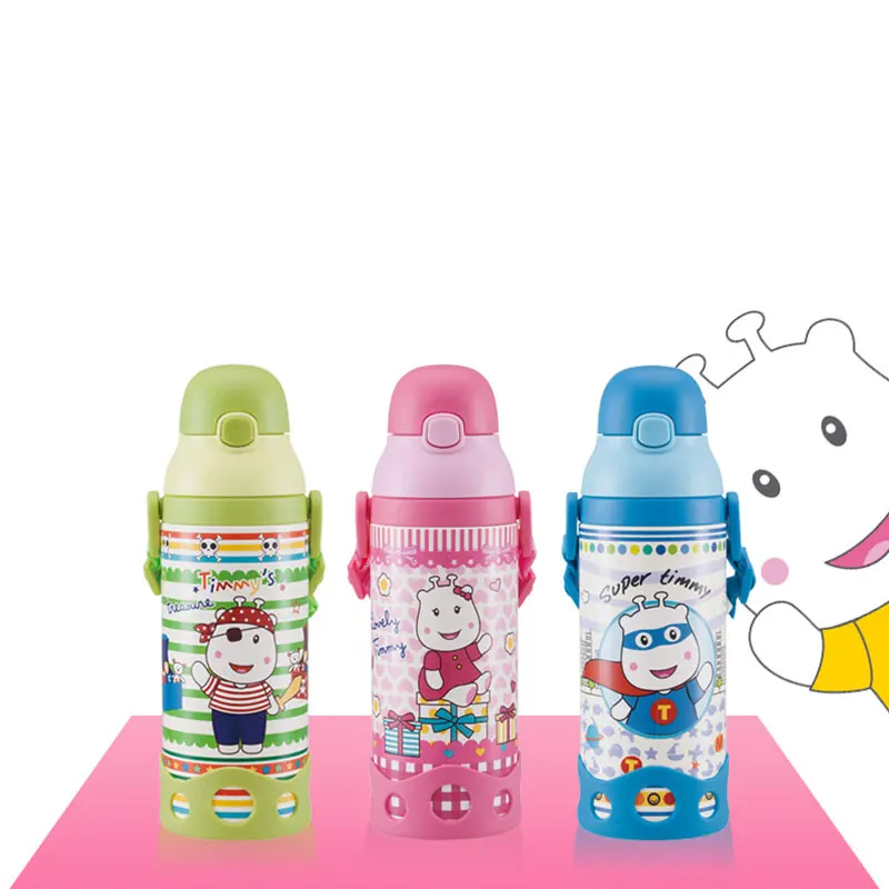 

PINKAH Children's Cartoon Thermos Cup 304 Stainless Steel With Straw Dual-Purpose Water Bottle Portable Strap Vacuum Flask 500ml