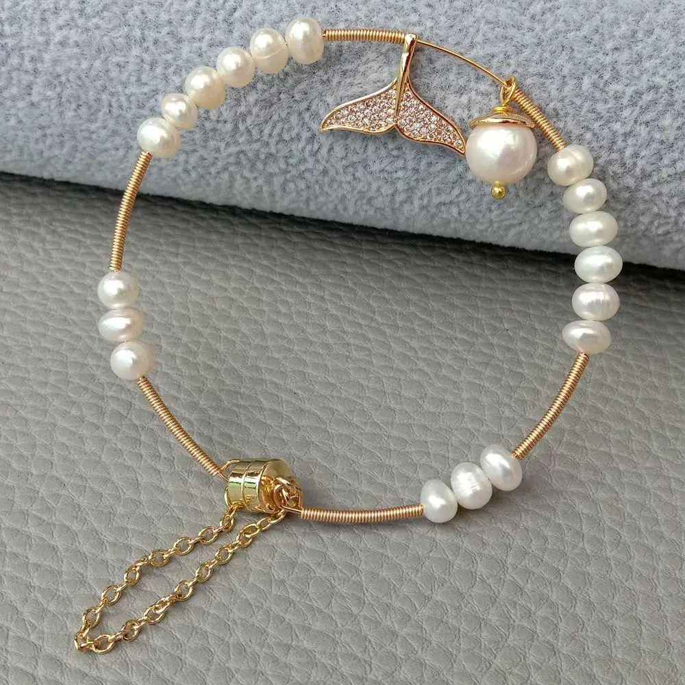 Y·YING Freshwater White Pearl Cubic Zirconia Pave gold color plated  Charms Bangle Bracelet