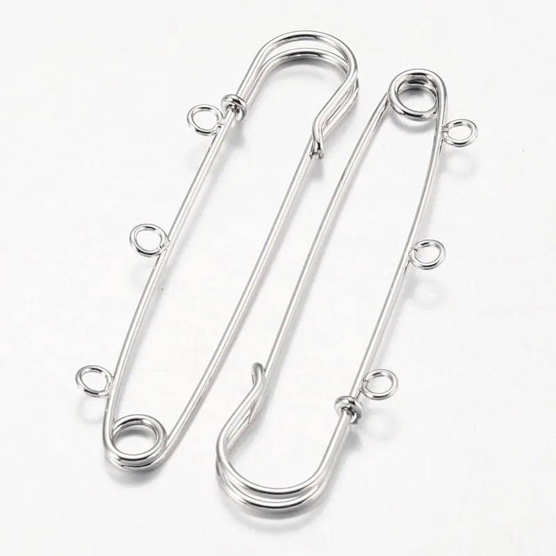 100pcs Large Iron Kilt Safety Pins Brooch Findings Pin for Kilt Brooch Crafts DIY Making With 3 Loops, 75mm, Hole: 3mm F60