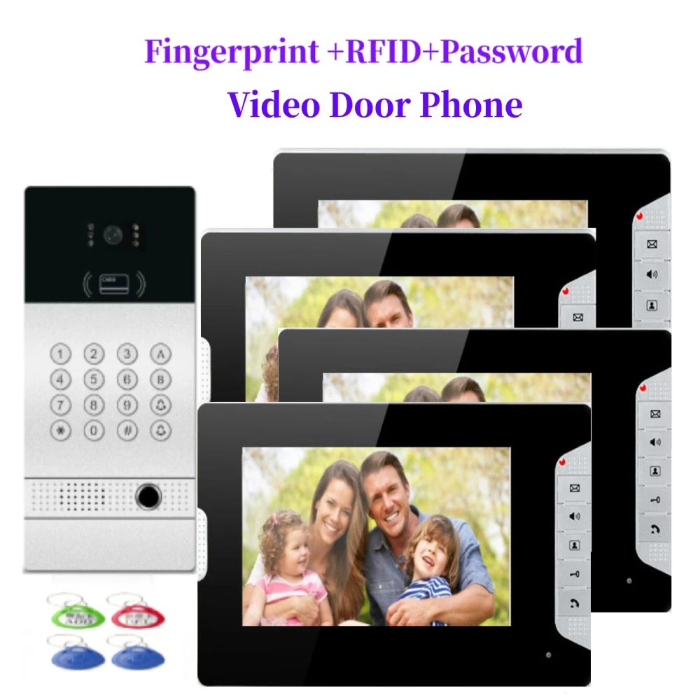 

7"Video Door Phone Doorbell Intercom System + Fingerprint Password RFID Access Camera for 4 / 3 / 2 Family Apartment