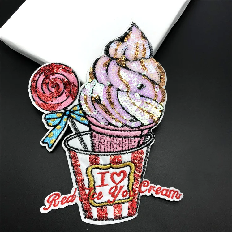 1Pc New Sequin Ice Cream Large DIY Patch Back Adhesive Embroidery Cloth Jacket Sweater Garnish