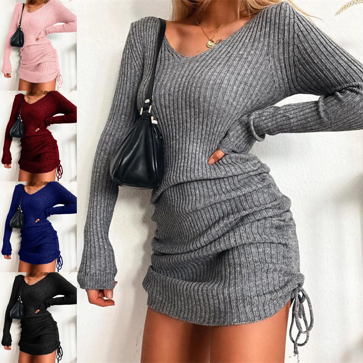 Women's Dress Knitted Drawstring Sexy Mini Dress Autumn Winter Elegant Fashion V-Neck Long Sleeve Bodycon Party Dresses Female