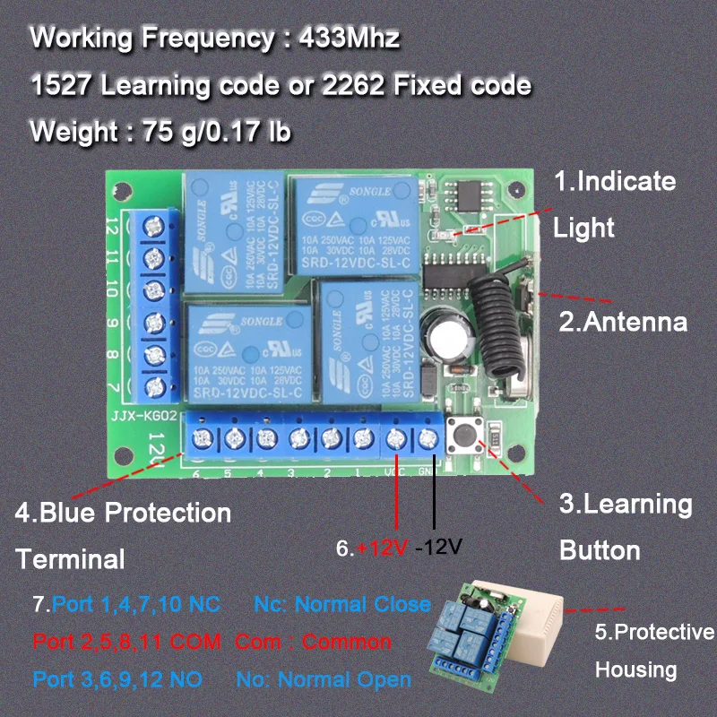 Wenqia Wireless Smart Switch RF 433Mhz Module Universal Gate Remote Control 12V 4CH Relay ON/OFF Transmitter For Motor,LED,Fan