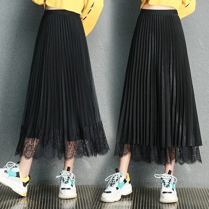 Double-sided Mesh Lace Skirt 2021 Wemen Autumn New Style Korean Mid-length Pleated Skirt Double-sided Fairy Yarn Skirt TrendA479