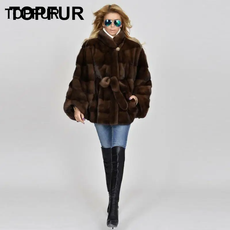 

TOPFUR Real Mink Fur Coat 2021 For Women Bat Sleeve Mink Fur Coat Whole Skin Piece Fur Jackets For Female Fashion Brown short