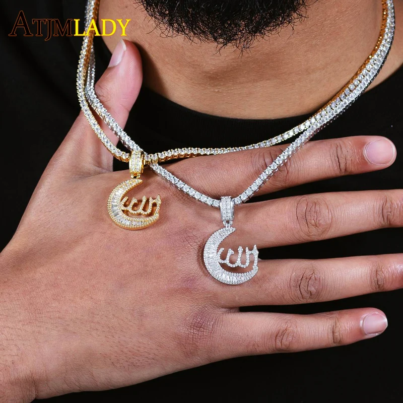 

Iced Out 3mm 5A Cubic Zircon CZ Tennis Chain Crescent Moon Allah Middle Eastern Arab Muslim Pendant Necklace Hip hop Jewelry