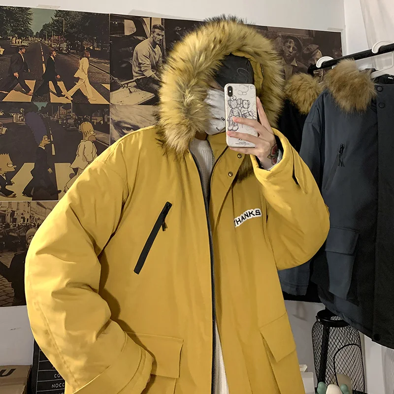 

Pop Winter Men's Hooded Jacket Fur Collar Thicken Warm Windbreaker Japanese Streetwear Hip Hop Military Parka Outdoor Overcoat