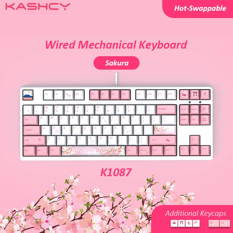 

KASHCY K1087 Tokyo Sakura Wired Mechanical Gaming Keyboard Swappable Switch with 87 Keys PBT Dye Sublimation Keycaps Type-C Port