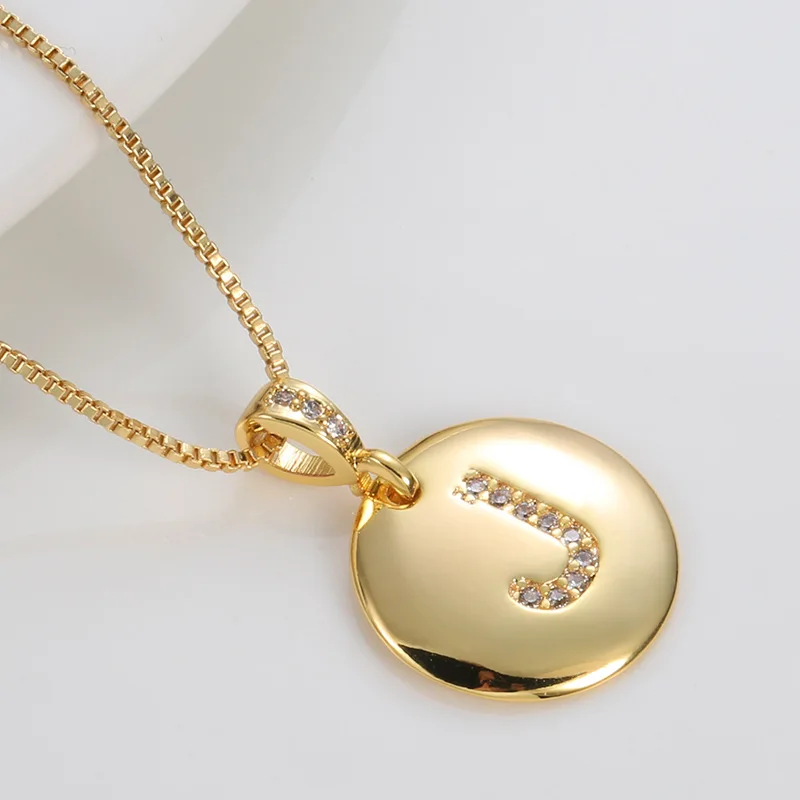 High Quality 26 Letters Crystal 14 K Plated Copper Wafer Pendant Necklace