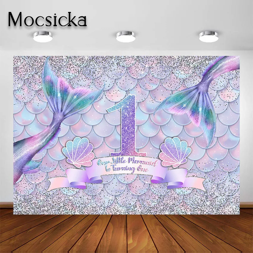 Mocsicka Mermaid Princess First Birthday Backdrop for Girls 1st Birthday Party Glitter Mermaid Tail Decorations Photo Background